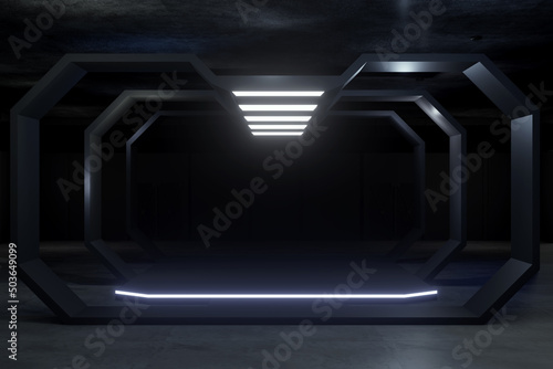 Empty Display Design for mockup and Corporate identity,stage.Platform elements in hall.Blank screen system for Graphic Resources.Scene event led night light staging.3d Background for online.3 render.