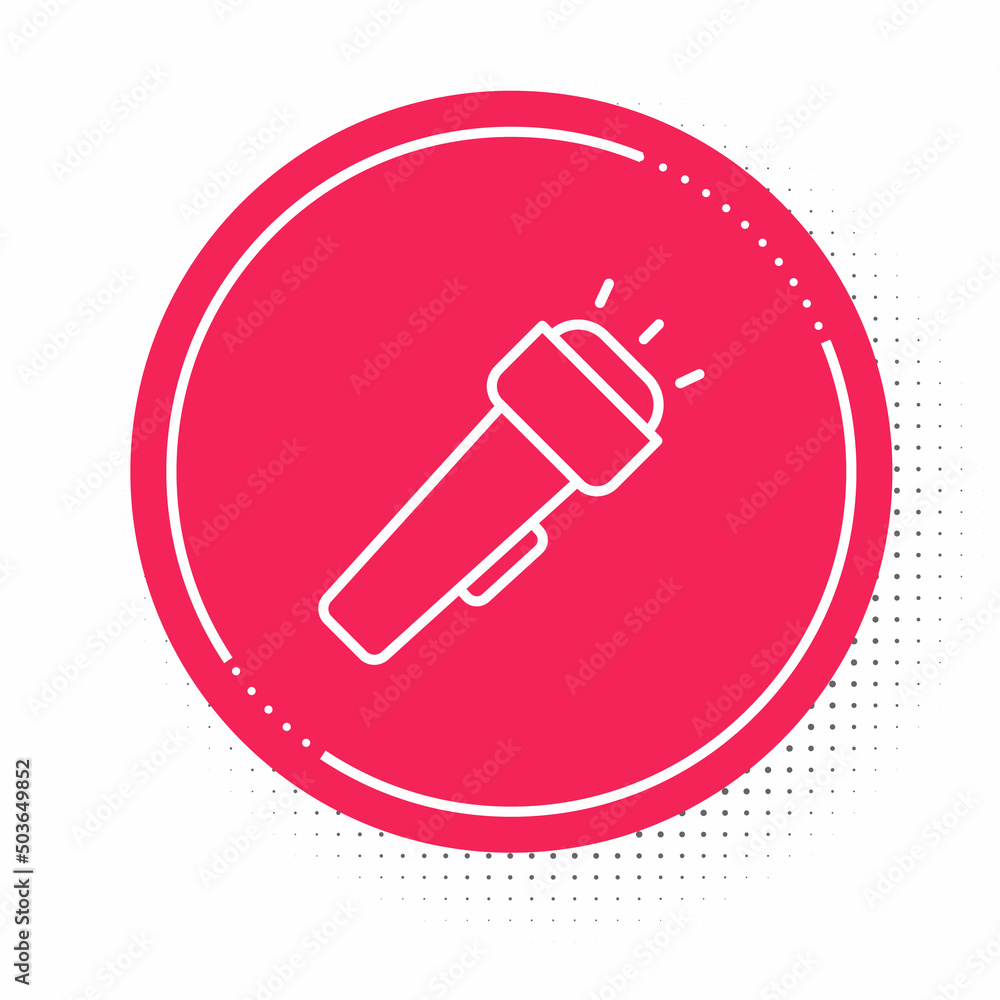 White line Flashlight icon isolated on white background. Red circle button. Vector White line Flashlight icon isolated on white background. Red circle button. Vector
