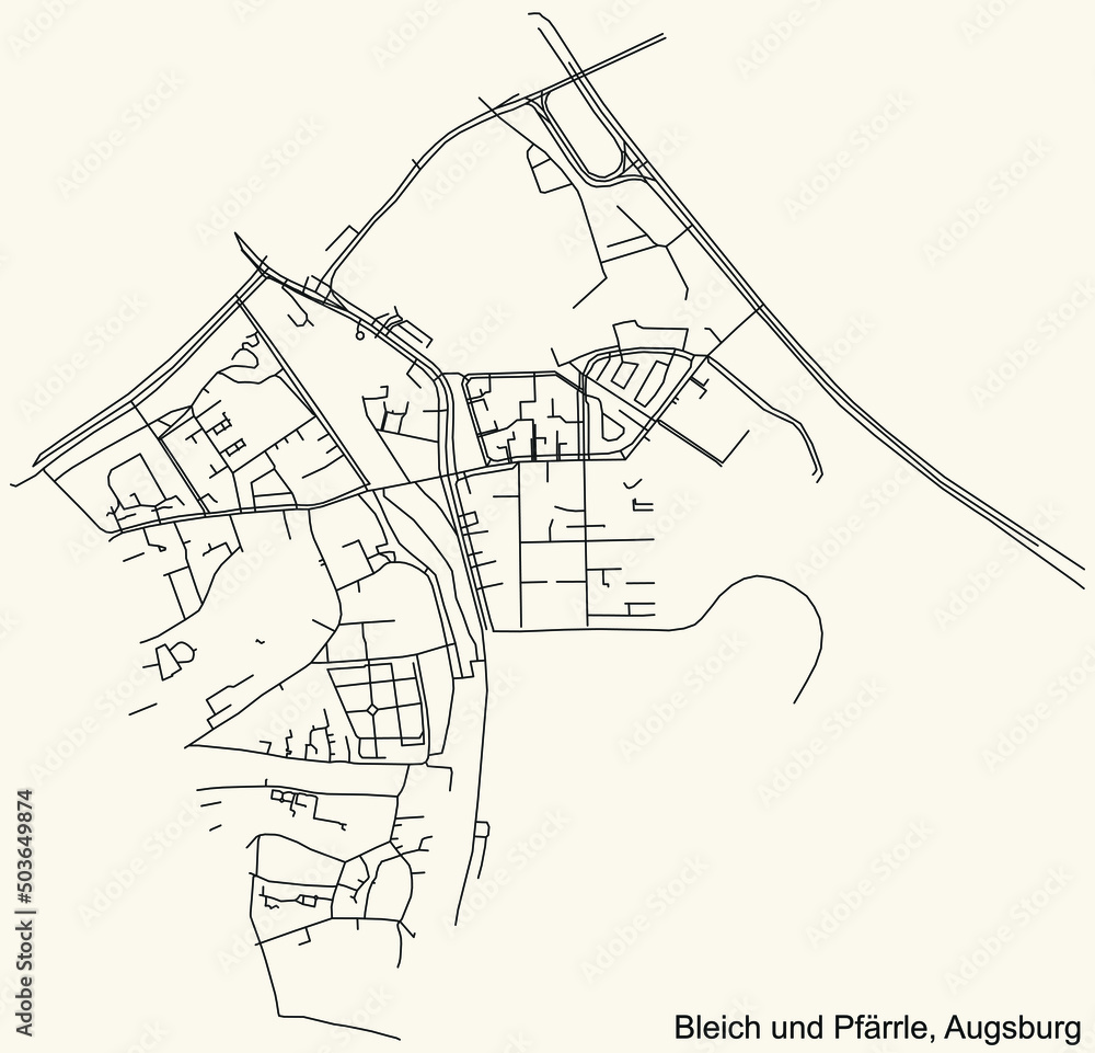 Detailed navigation black lines urban street roads map of the BLEICH UND PFÄRRLE DISTRICT of the German regional capital city of Augsburg, Germany on vintage beige background