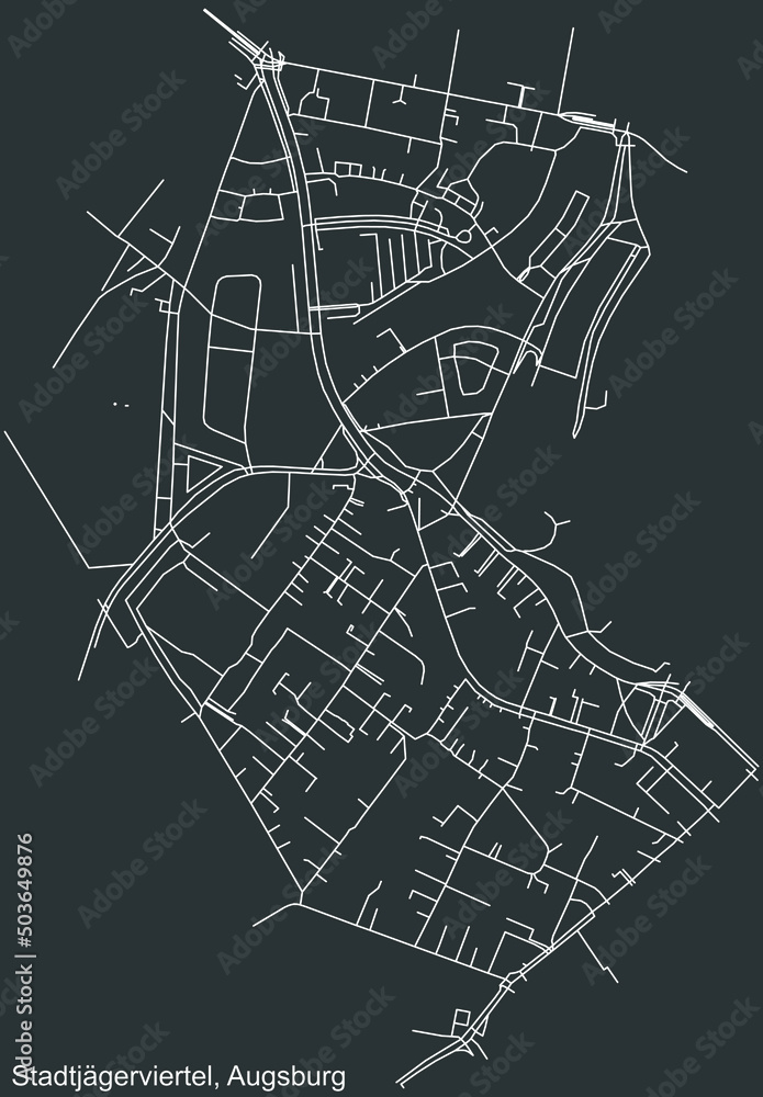 Detailed negative navigation white lines urban street roads map of the STADTJÄGERVIERTEL DISTRICT of the German regional capital city of Augsburg, Germany on dark gray background