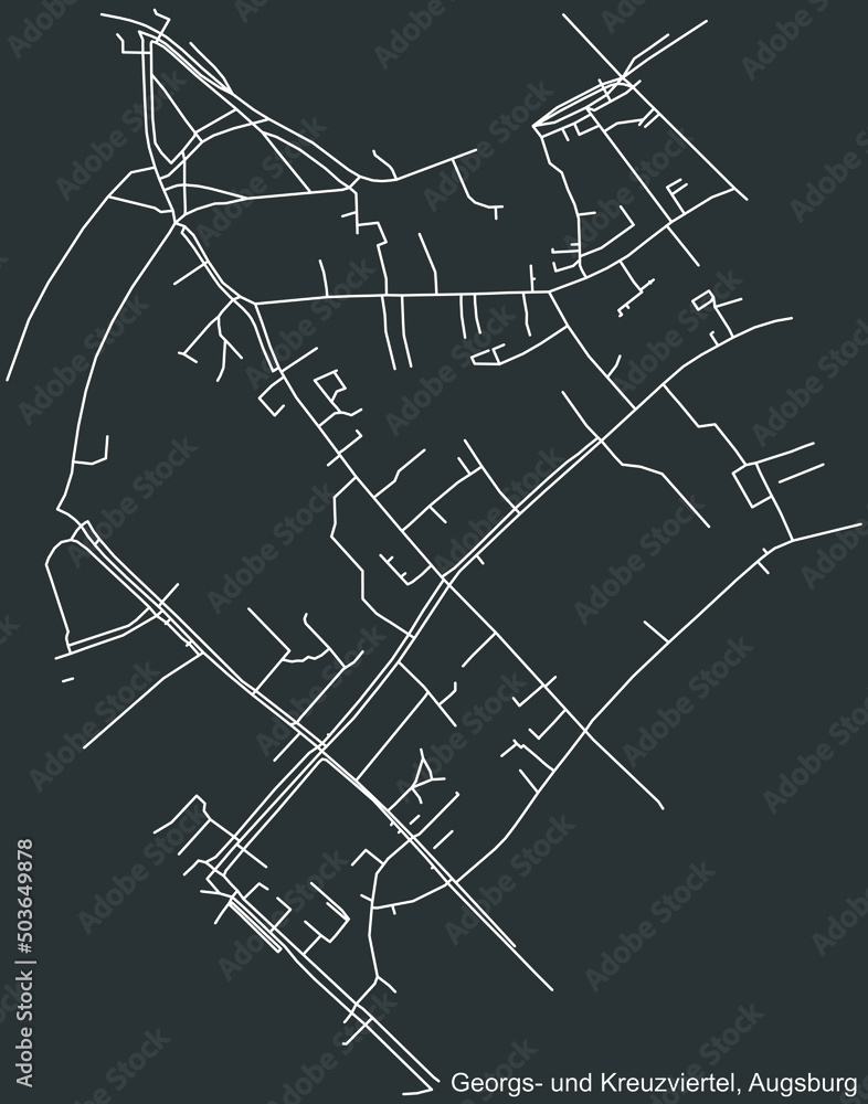 Detailed negative navigation white lines urban street roads map of the GEORGS- UND KREUZVIERTEL DISTRICT of the German regional capital city of Augsburg, Germany on dark gray background