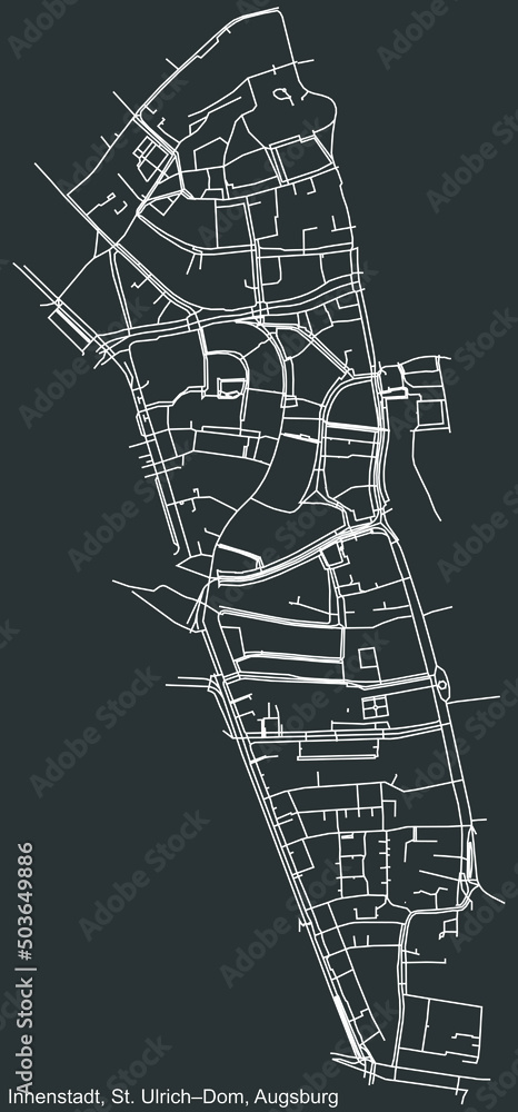 Detailed negative navigation white lines urban street roads map of the INNENSTADT, ST. ULRICH–DOM DISTRICT of the German regional capital city of Augsburg, Germany on dark gray background