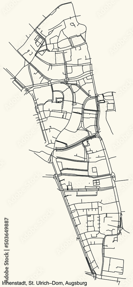Detailed navigation black lines urban street roads map of the INNENSTADT, ST. ULRICH–DOM DISTRICT of the German regional capital city of Augsburg, Germany on vintage beige background