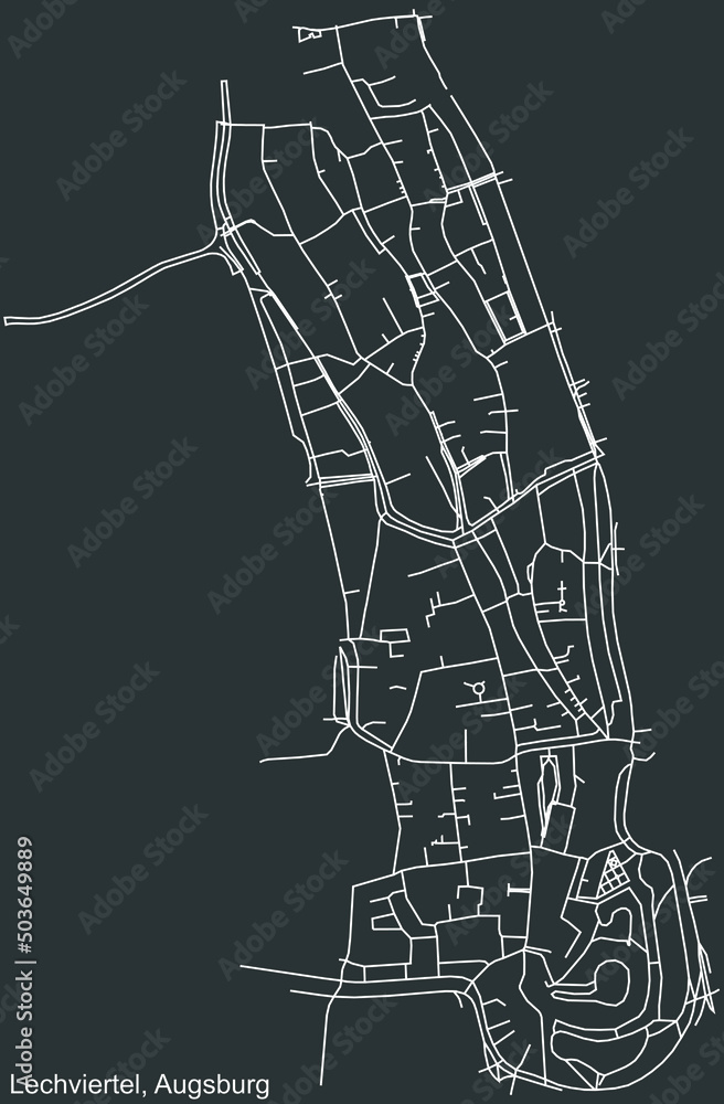 Detailed negative navigation white lines urban street roads map of the LECHVIERTEL DISTRICT of the German regional capital city of Augsburg, Germany on dark gray background