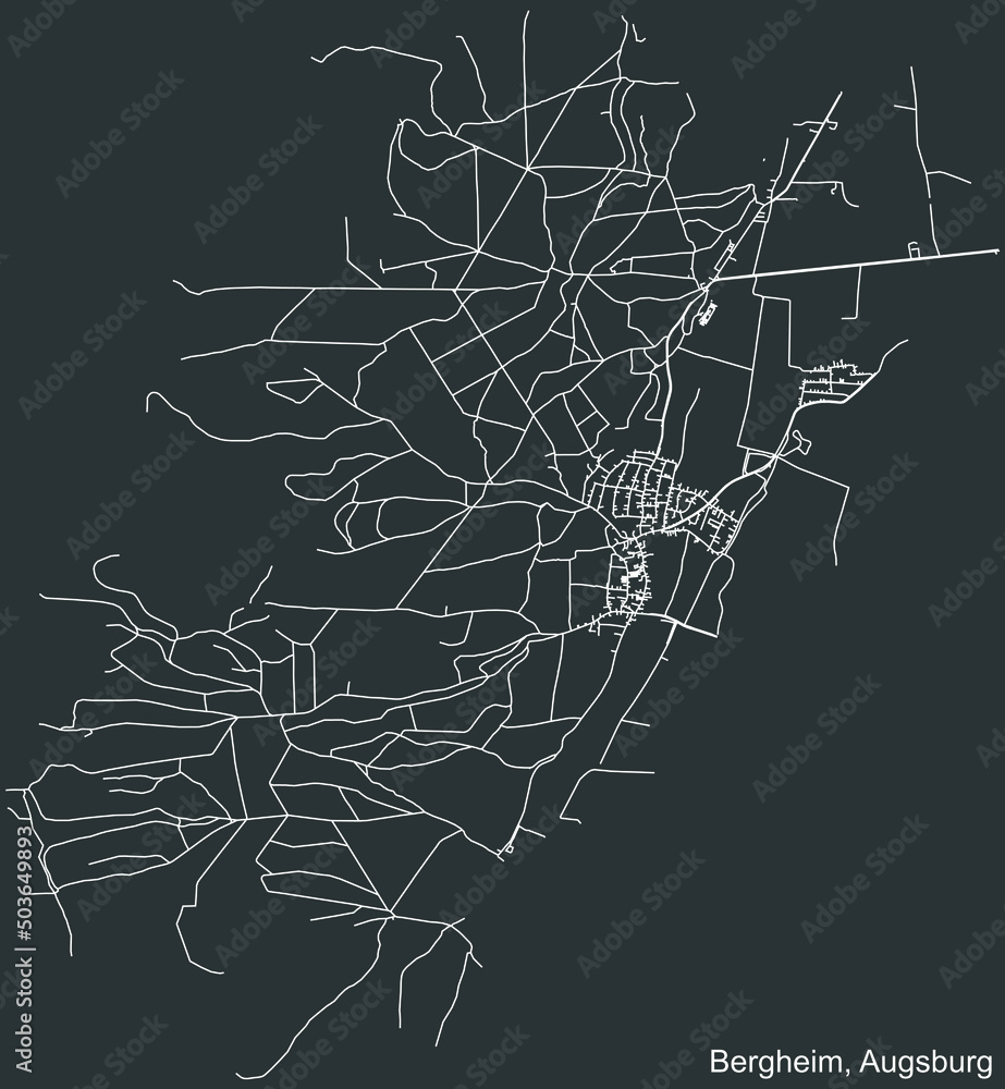 Detailed negative navigation white lines urban street roads map of the BERGHEIM BOROUGH of the German regional capital city of Augsburg, Germany on dark gray background