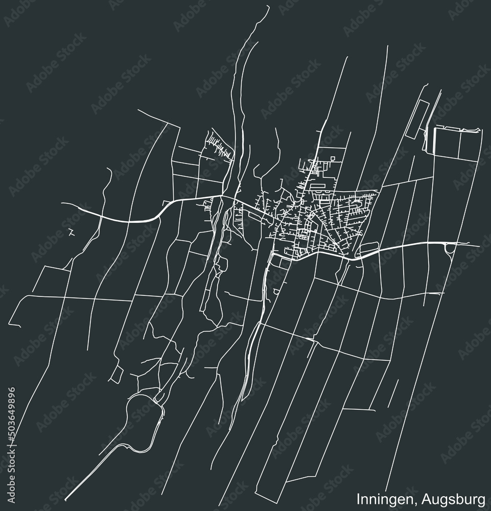 Detailed negative navigation white lines urban street roads map of the INNINGEN BOROUGH of the German regional capital city of Augsburg, Germany on dark gray background