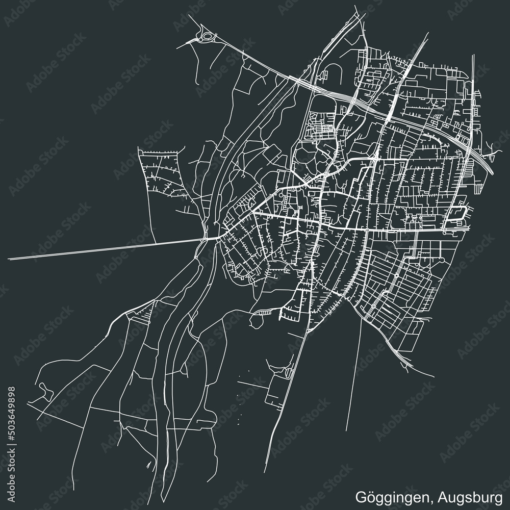 Detailed negative navigation white lines urban street roads map of the GÖGGINGEN BOROUGH of the German regional capital city of Augsburg, Germany on dark gray background