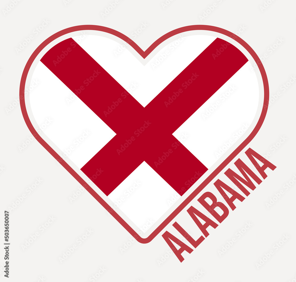 Alabama heart flag badge. Made with Love from Alabama logo. Flag of the US state in a heart shape. Vector illustration. Alabama heart flag badge. Made with Love from Alabama logo. Flag of the US state in a heart shape. Vector illustration.