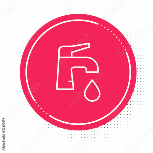 White line Water tap icon isolated on white background. Red circle button. Vector