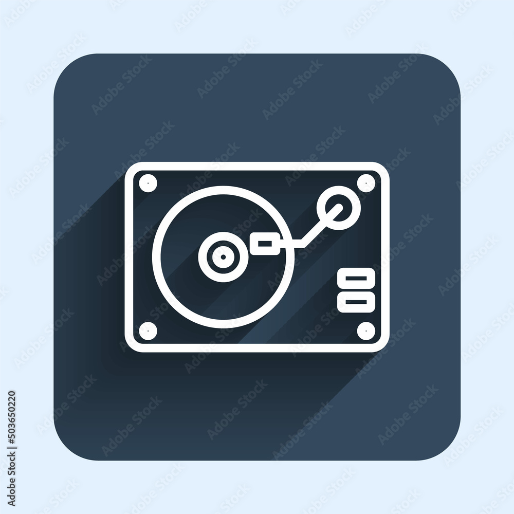 White line Vinyl player with a vinyl disk icon isolated with long shadow background. Blue square button. Vector White line Vinyl player with a vinyl disk icon isolated with long shadow background. Blue square button. Vector