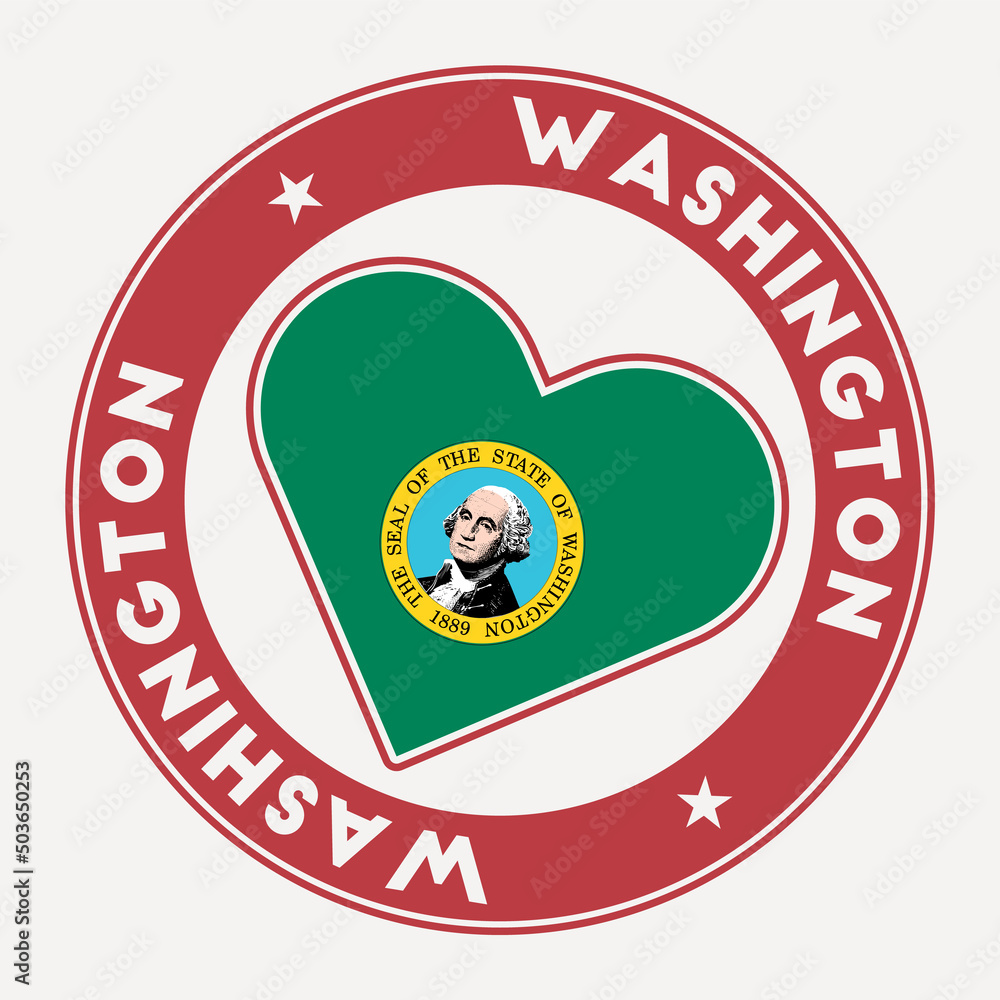 Naklejka premium Washington heart flag badge. From Washington with love logo. Support the US state flag stamp. Vector illustration.