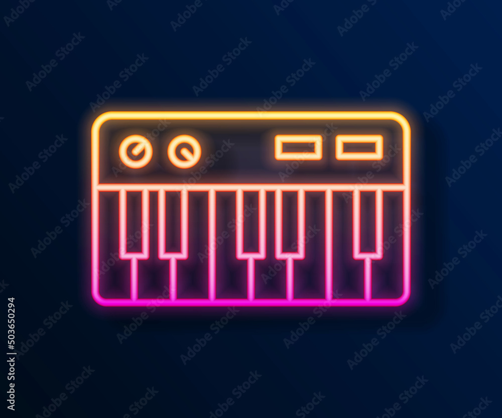 Glowing neon line Music synthesizer icon isolated on black background. Electronic piano. Vector Glowing neon line Music synthesizer icon isolated on black background. Electronic piano. Vector