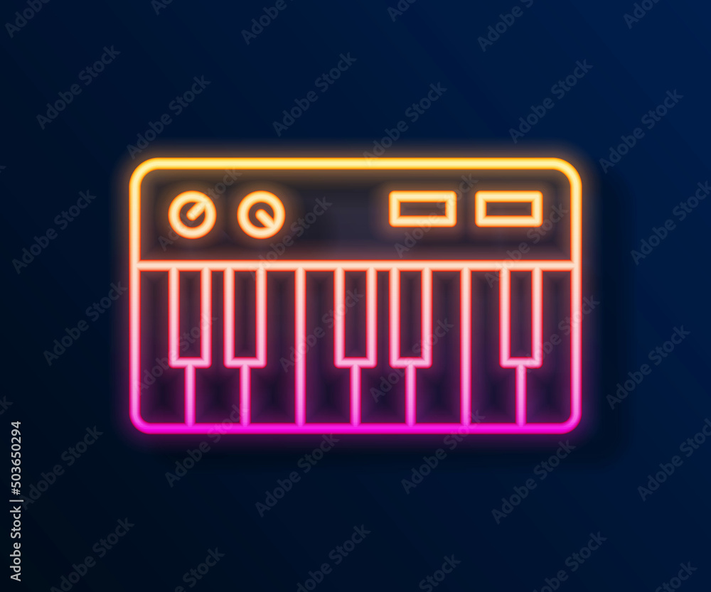 Glowing neon line Music synthesizer icon isolated on black background. Electronic piano. Vector