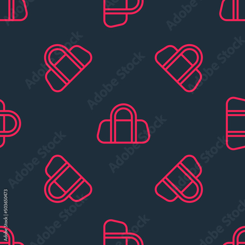 Red line Sport bag icon isolated seamless pattern on black background. Vector