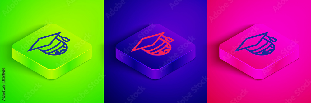 Isometric line Graduation cap on globe icon isolated on green, blue and pink background. World education symbol. Online learning or e-learning concept. Square button. Vector Isometric line Graduation cap on globe icon isolated on green, blue and pink background. World education symbol. Online learning or e-learning concept. Square button. Vector