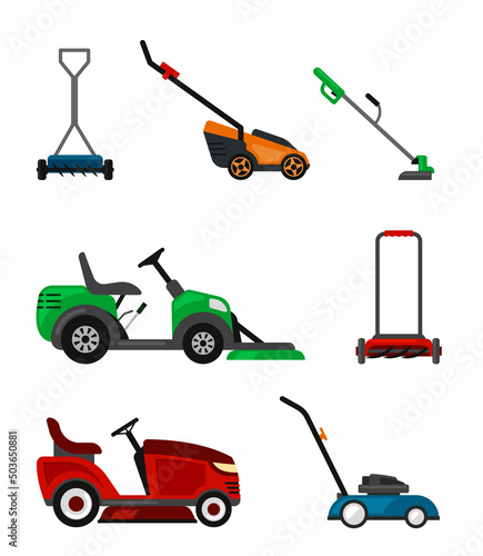 lawnmower. outdoor grass decorated trimming machine seasonal cutting yard. Vector illustration