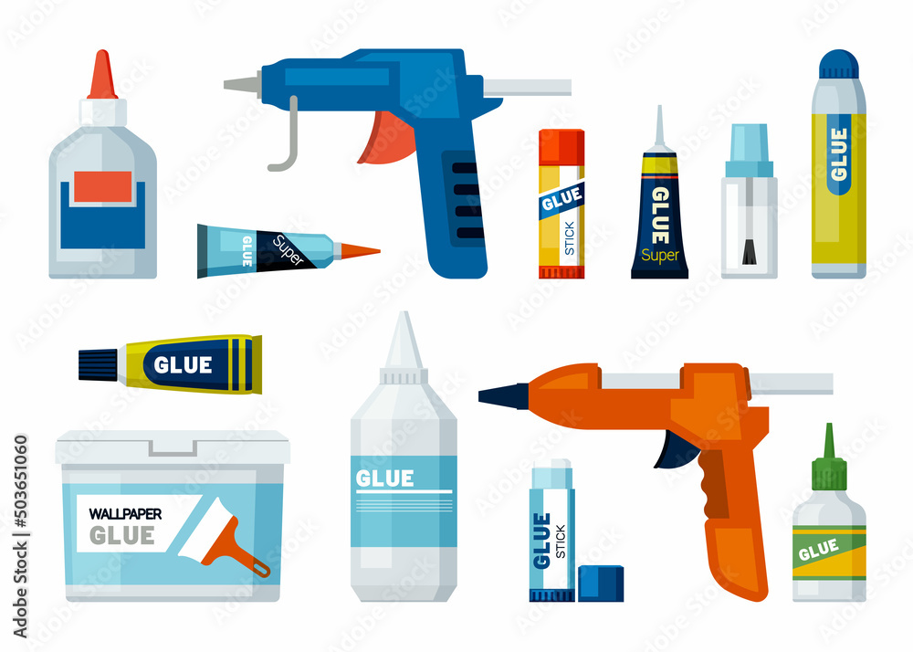 glue tubes. office supplies different packages of glue. Vector colored illustrations - obrazy, fototapety, plakaty 