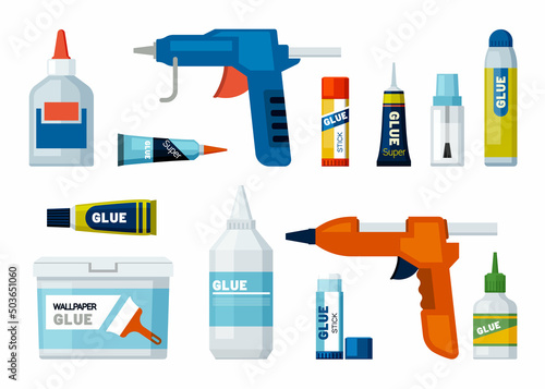 glue tubes. office supplies different packages of glue. Vector colored illustrations photo