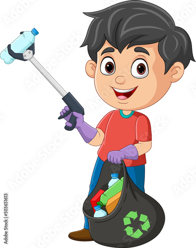 Cartoon boy collecting  plastic garbage with litter stick