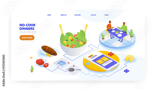 No cook dinner, landing page design, website banner vector template. Fast and easy meals recipes.