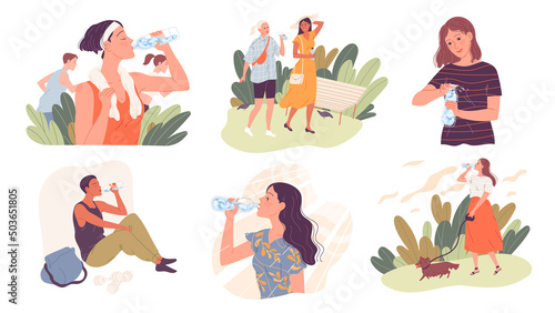 Set of people drinking water in the summer heat