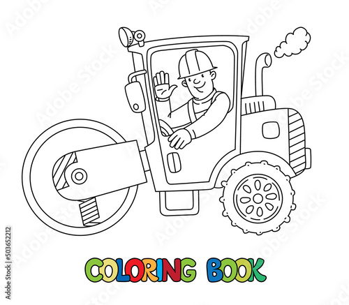 Asphalt compactor with a driver. Coloring book