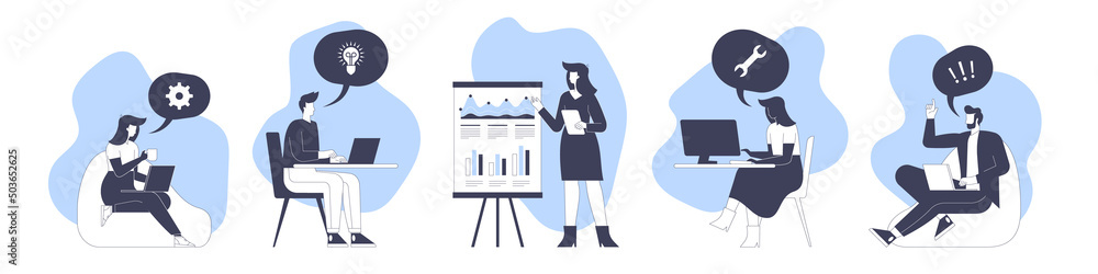 Business team characters working in office, co-working space or remotely at home, freelance, self-employment. Teamwork, office scene collection. Trendy vector style flat isolated illustration