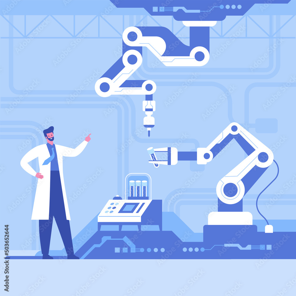 Automated scientific laboratory interior with robotic technology Scientists analyses data of research, robotic arms make test in flasks on modern professional lab equipment Vector science illustration Automated scientific laboratory interior with robotic technology Scientists analyses data of research, robotic arms make test in flasks on modern professional lab equipment Vector science illustration
