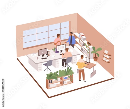 Employees at work in ergonomic office. Colleagues sitting and standing at desks, working at computers in company. People in corporate workspace. Flat vector illustration isolated on white background