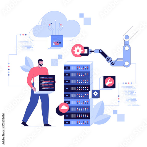 System administrator flat vector illustration. Computer repair, upkeeping server, adjusting network. Sysadmin cartoon character isolated on white background. Data center maintenance service