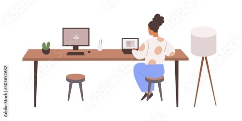 Employee at laptop computer replacing absent person. Woman at office desk and empty chair, vacant workplace. Absence from work concept. Flat vector illustration isolated on white background © Good Studio