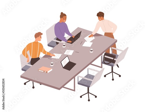 Team at business meeting at conference table. People work with laptops, documents together at office desk. Employees teamwork, discussion. Flat vector illustration isolated on white background