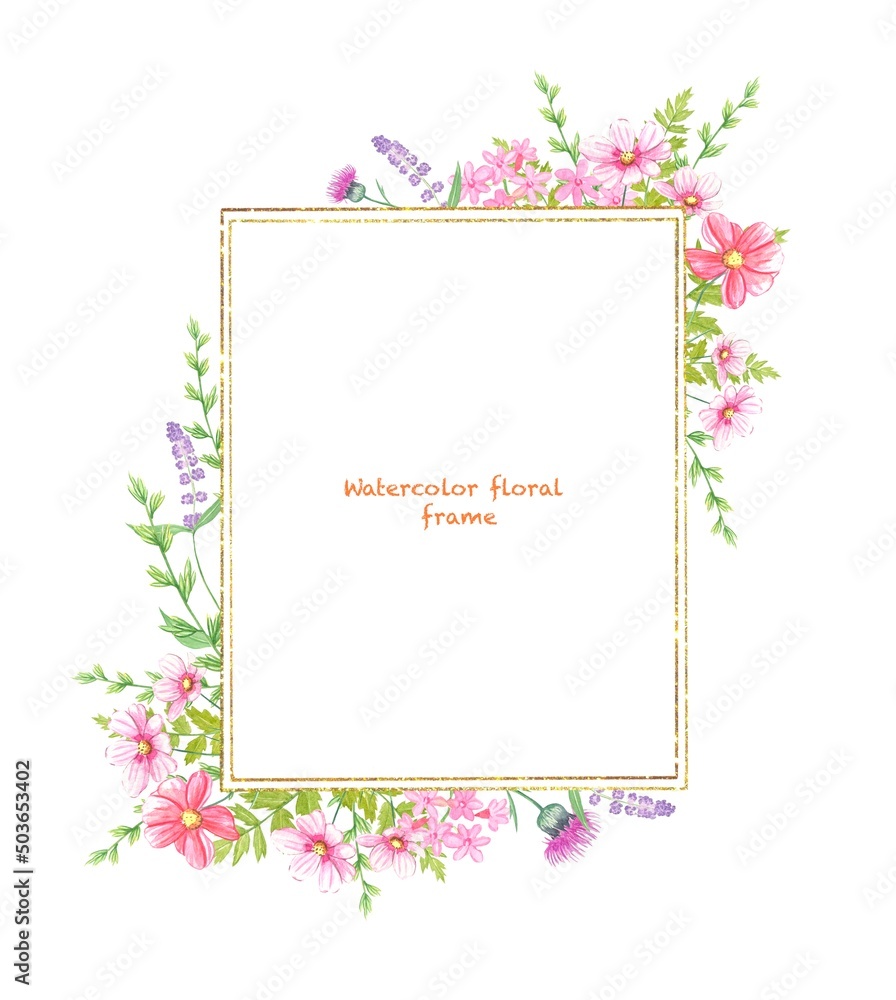 Frame with meadow flowers, watercolor illustration