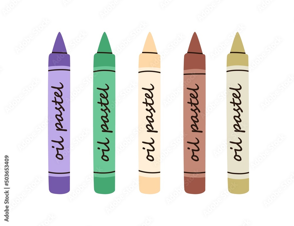 Oil pastel sticks of different colour. New sharp pigments for painting, drawing. Creamy paint pencils row. Art supplies, stationery. Flat vector illustration isolated on white background Oil pastel sticks of different colour. New sharp pigments for painting, drawing. Creamy paint pencils row. Art supplies, stationery. Flat vector illustration isolated on white background