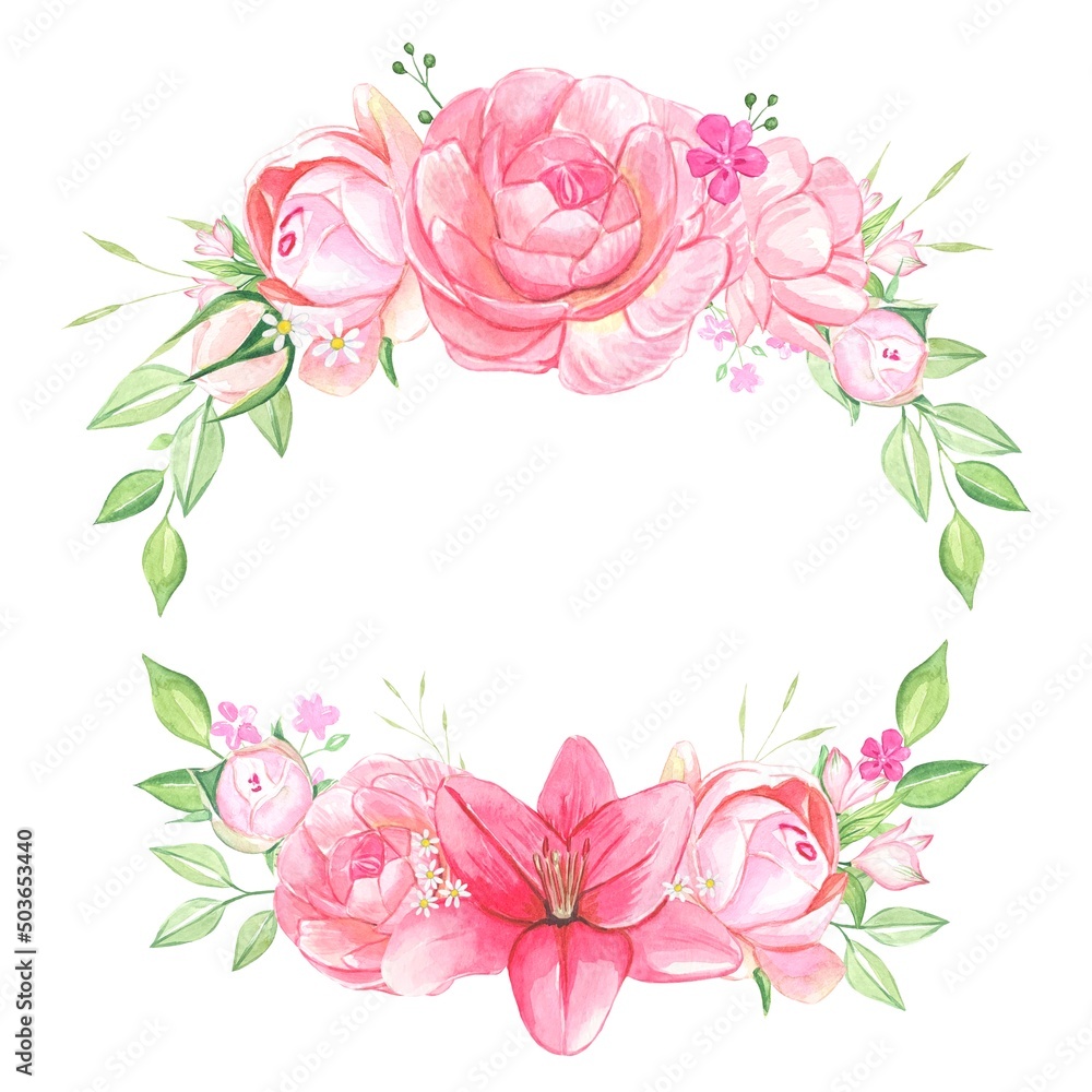 Watercolor flowers, bouquets of pink flowers, isolated on white background.