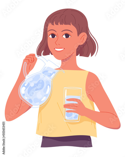 Little girl with jug and glass of water