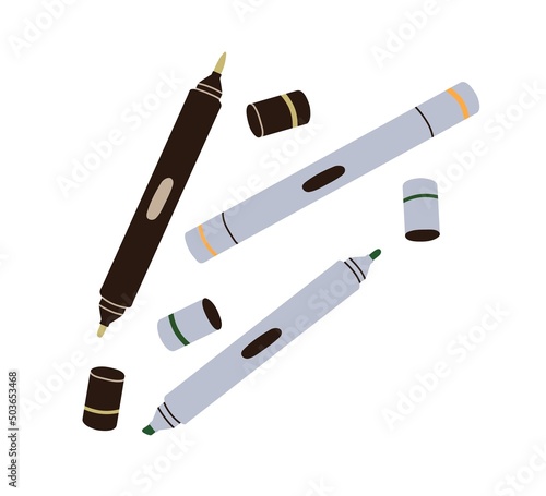 Markers, felt tip pens. Fine liners with caps, sharp double ends. Drawing items for sketching, writing. Art supplies, stationery. Flat vector illustration isolated on white background