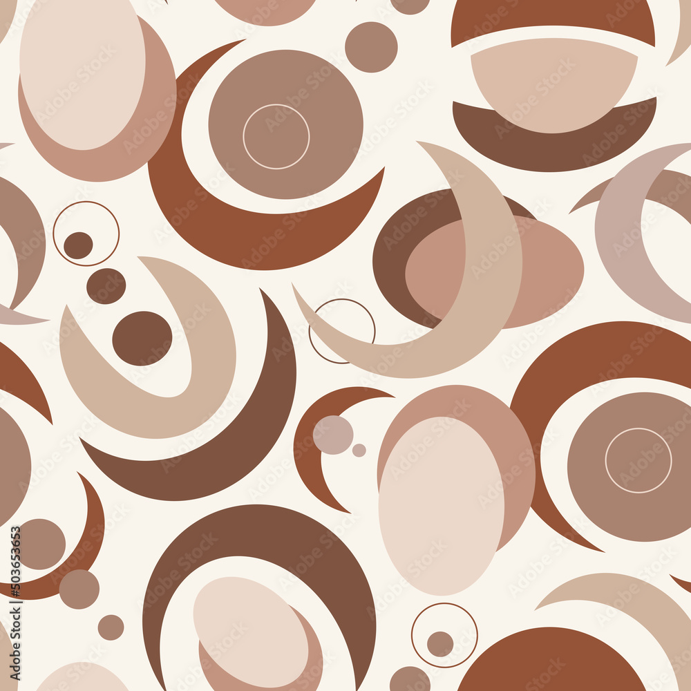 Obraz premium Seamless pattern in pastel colors from circles and crescents of different shapes and sizes on a light isolated background. Geometric abstract background of simple shapes.
