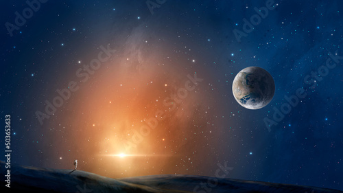 Space background. Astronaut standing on mountain land with planet colorful nebula. Elements furnished by NASA. 3D rendering