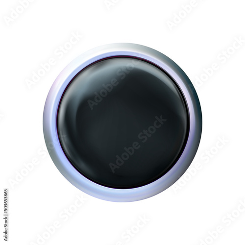 Circle glossy realistic black technology button, chrome or silver rim. Icon isolated on white. Vector illustration