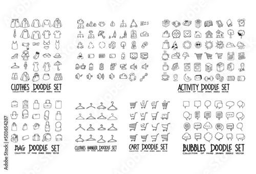 Doodle Vector collection of Clothes, Activity, Bag, Clothes Hanger, Cart and Speech bubbles eps10