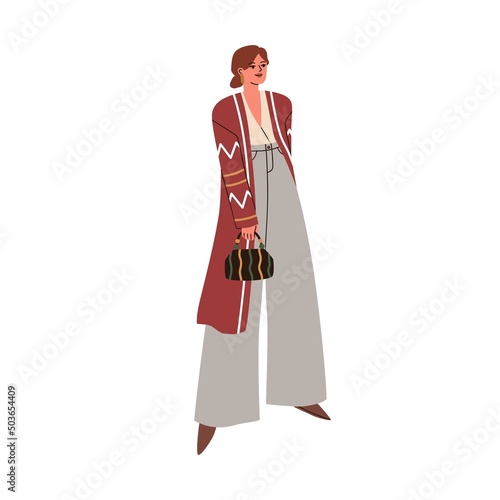 Young woman wearing fashion outfit. Female in stylish trendy apparel. Modern ...