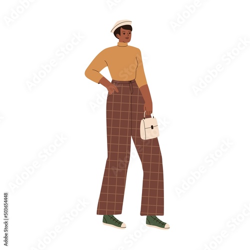 Black woman wearing fashion clothes. Female in stylish trendy apparel. Girl i...