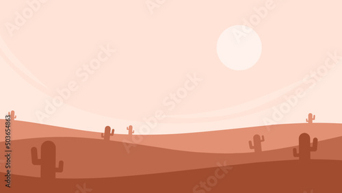 Fotografiet flat landscape illustration of arid desert with cactus and hot sun