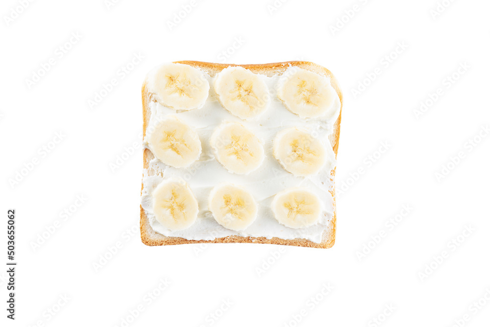 Slice of toast bread with cream cheese and sliced banana isolated on white background.