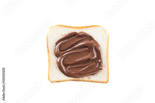 Slice of toast bread with chocolate hazelnut paste isolated on white background, top view, flat lay.