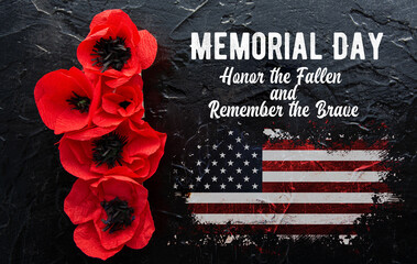 Text Memorial Day on American flag And a poppy flower background	
