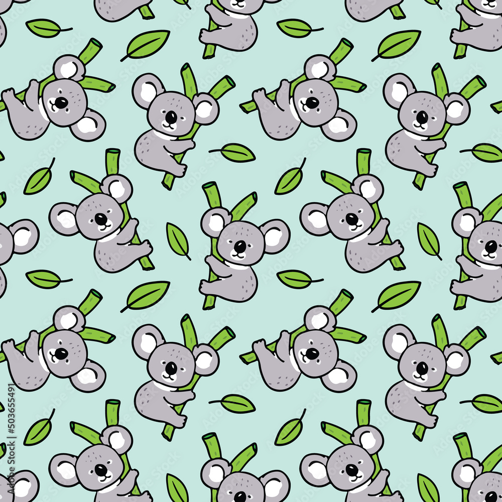 Obraz premium Seamless Pattern with Cartoon Koala Bear Design on Light Green Background