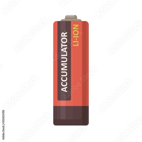 Li-ion accumulator. Lithium secondary rechargeable battery type icon. Energy, power source of cylinder shape. Item for phones, cameras. Colored flat vector illustration isolated on white background