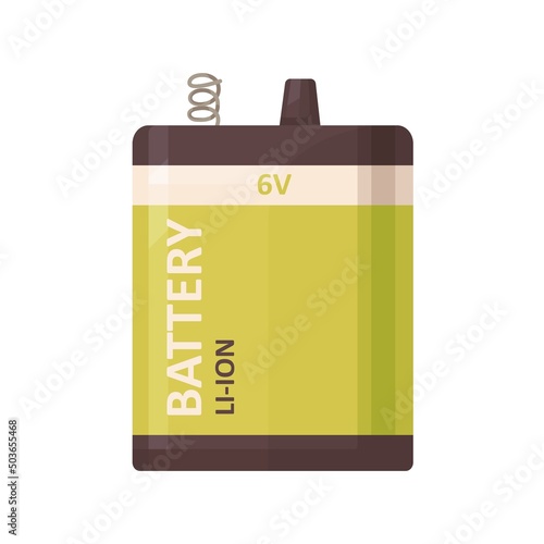 6V power battery pack icon. 6 V energy dry li-ion baterry of rectangle shape. Six volt, voltage lithium source for electric devices. Colored flat vector illustration isolated on white background